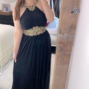 Cachet black Roman halter style maxi formal gown size 4